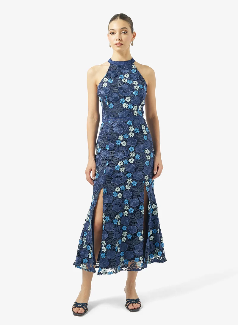 جاست مي فستان ميدي بياقة هالتر وتفاصيل دانتيل وفتحة جانبية